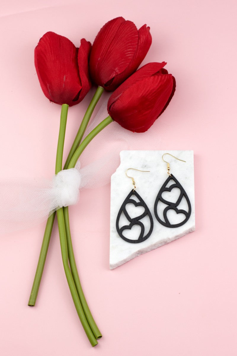 Wooden Heart Teardrop Earrings