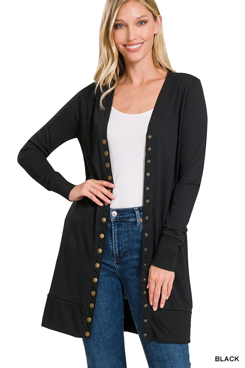 Thigh Length Ribbed Snap Button Cardigan