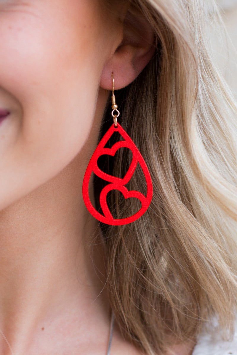 Wooden Heart Teardrop Earrings