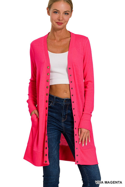 Thigh Length Ribbed Snap Button Cardigan