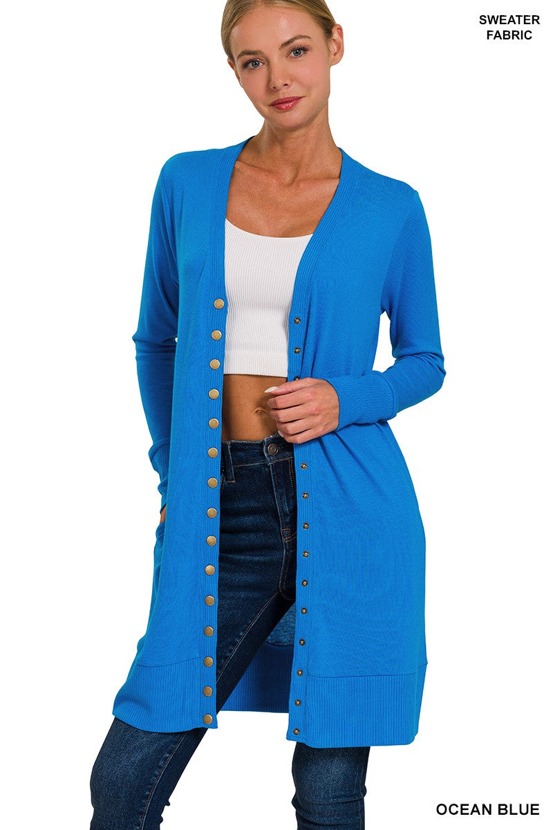 Thigh Length Ribbed Snap Button Cardigan