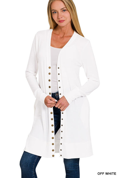 Thigh Length Ribbed Snap Button Cardigan