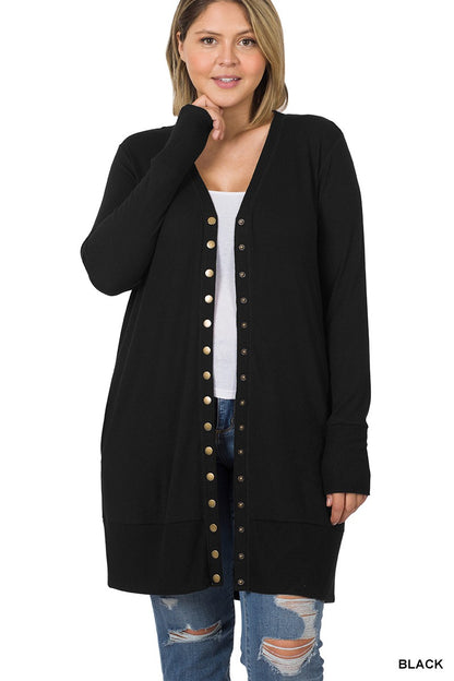 Thigh Length Ribbed Snap Button Cardigan