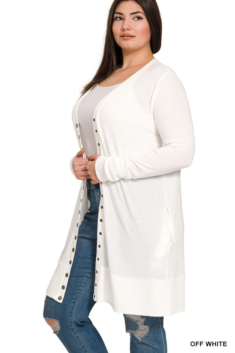 Thigh Length Ribbed Snap Button Cardigan