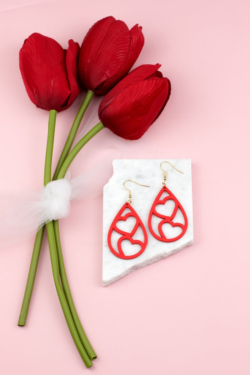 Wooden Heart Teardrop Earrings